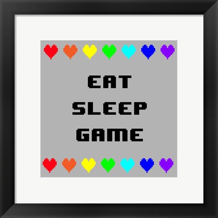 Framed Eat Sleep Game -  Gray with Pixel Hearts Print