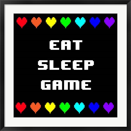 Framed Eat Sleep Game -  Black with Pixel Hearts Print
