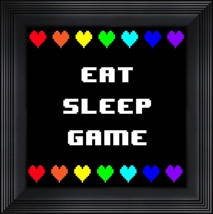 Framed Eat Sleep Game -  Black with Pixel Hearts Print