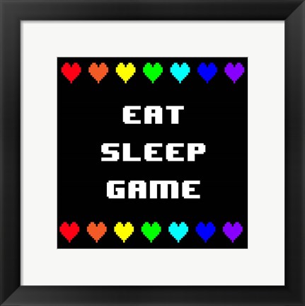 Framed Eat Sleep Game -  Black with Pixel Hearts Print