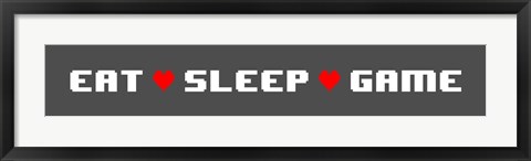 Framed Eat Sleep Game -  Gray Panoramic with Pixel Hearts Print