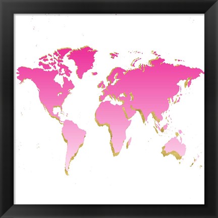 Framed World Map Pink &amp; Gold Print