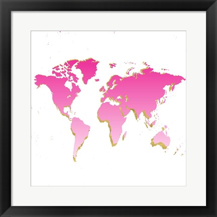 Framed World Map Pink &amp; Gold Print