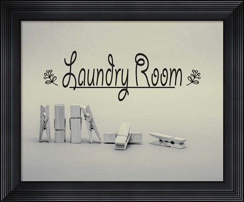 Framed Laundry Room Sign Clothespins Black and White Print