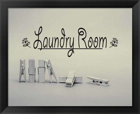 Framed Laundry Room Sign Clothespins Black and White Print