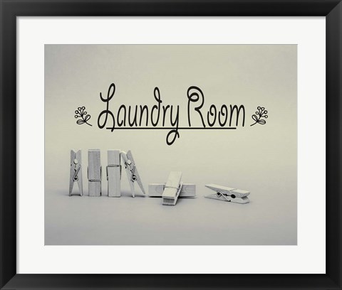 Framed Laundry Room Sign Clothespins Black and White Print