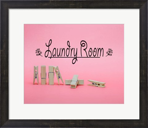Framed Laundry Room Sign Clothespins Pink Background Print