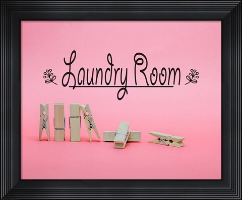 Framed Laundry Room Sign Clothespins Pink Background Print