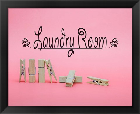 Framed Laundry Room Sign Clothespins Pink Background Print