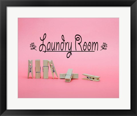 Framed Laundry Room Sign Clothespins Pink Background Print