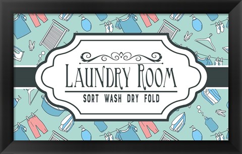 Framed Laundry Room Sign Green Pattern Print