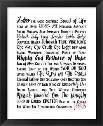 Framed Names of Jesus Rectangle Black and Red Text Print