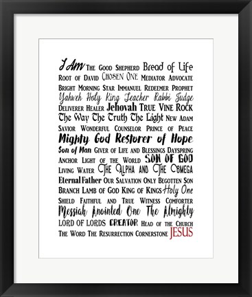 Framed Names of Jesus Rectangle Black and Red Text Print