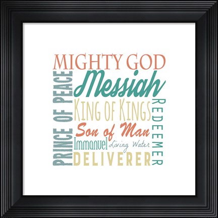 Framed Names of Jesus Square Green and Orange Text - White Print