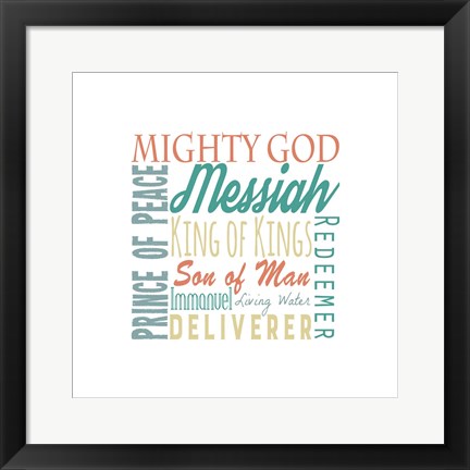 Framed Names of Jesus Square Green and Orange Text - White Print