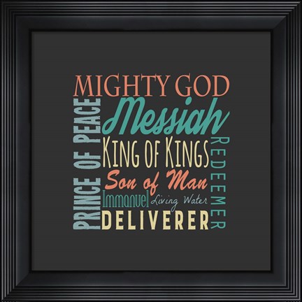 Framed Names of Jesus Square Green and Orange Text - Gray Print