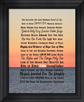 Framed Names of Jesus Ocean Sunset Print