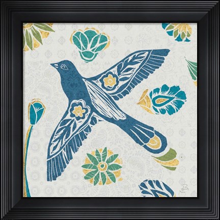 Framed Nordic Woodcut Bird IFII Print