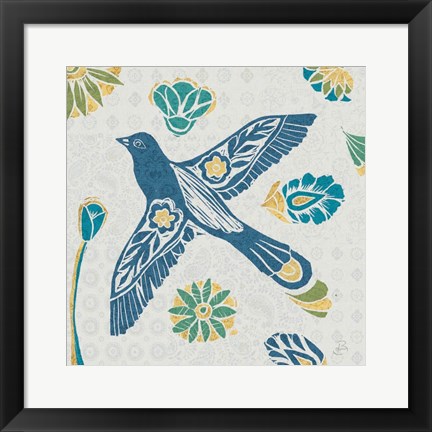 Framed Nordic Woodcut Bird IFII Print