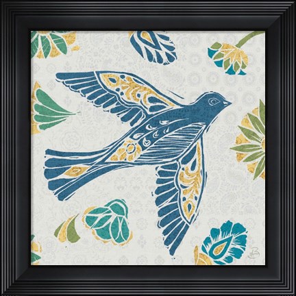 Framed Nordic Woodcut Bird IVF Print