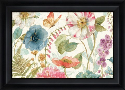 Framed Rainbow Seeds Flowers I on Wood Cream Print