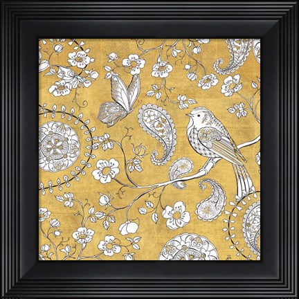Framed Color my World Bird Paisley I Gold Print