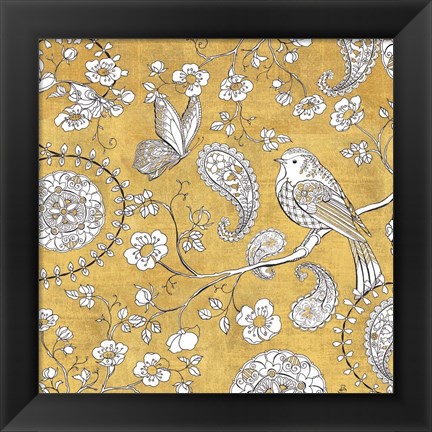 Framed Color my World Bird Paisley I Gold Print