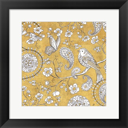 Framed Color my World Bird Paisley I Gold Print