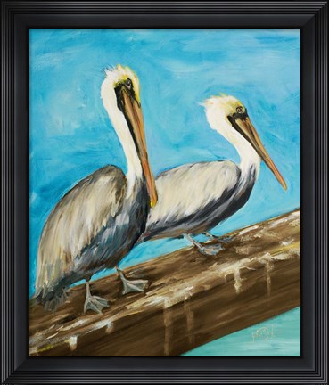 Framed Two Pelicans on Dock Rail Print