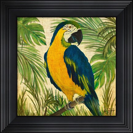Framed Island Birds Square on Burlap II Print