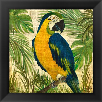 Framed Island Birds Square on Burlap II Print