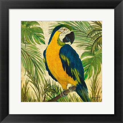 Framed Island Birds Square on Burlap II Print