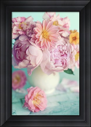 Framed Peonies On Teal Print