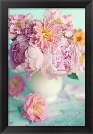 Framed Peonies On Teal Print
