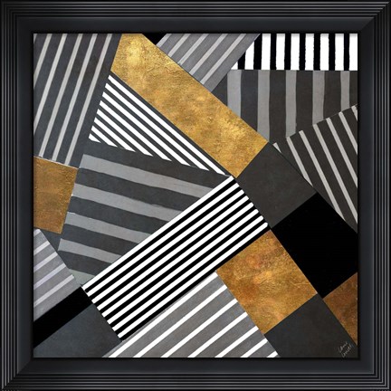 Framed Geo Stripes in Gold &amp; Black II Print