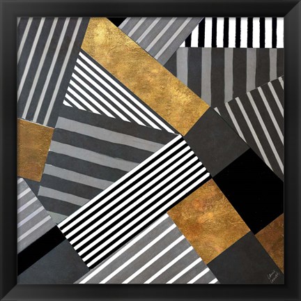 Framed Geo Stripes in Gold &amp; Black II Print