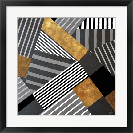 Framed Geo Stripes in Gold &amp; Black II Print