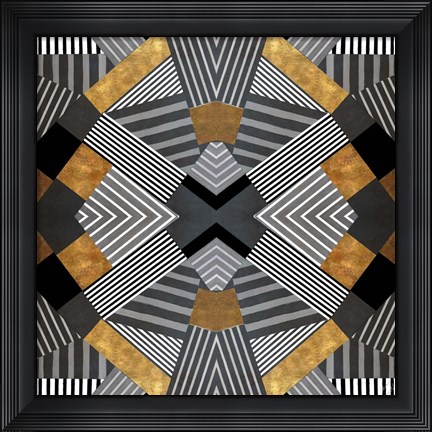 Framed Geo Stripes in Gold &amp; Black I Print