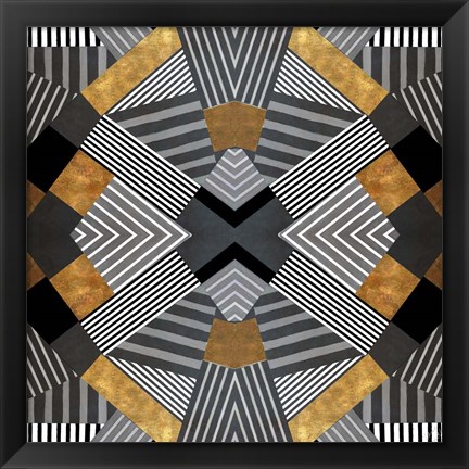 Framed Geo Stripes in Gold &amp; Black I Print