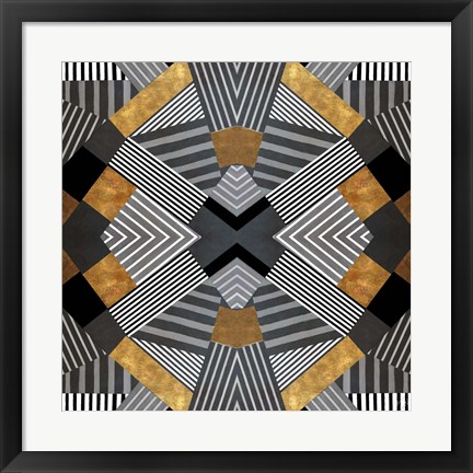 Framed Geo Stripes in Gold &amp; Black I Print