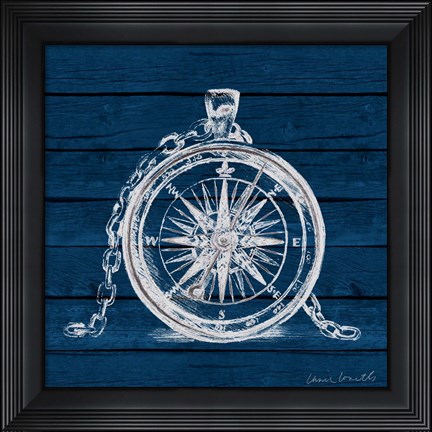 Framed Compass on Blue Wood Print
