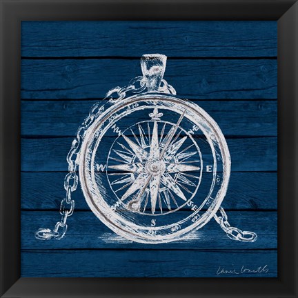 Framed Compass on Blue Wood Print