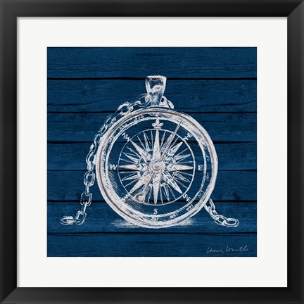 Framed Compass on Blue Wood Print