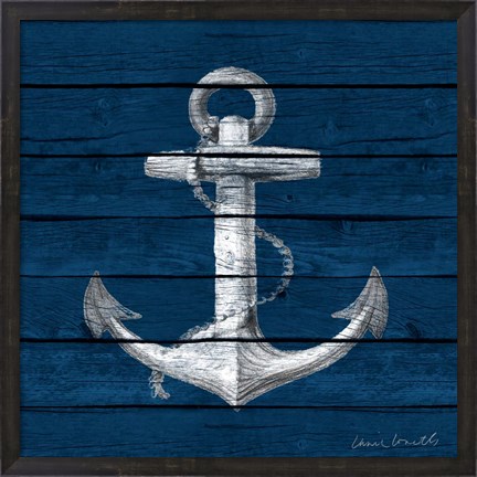 Framed Anchor on Blue Wood Print