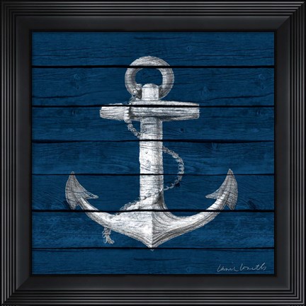 Framed Anchor on Blue Wood Print