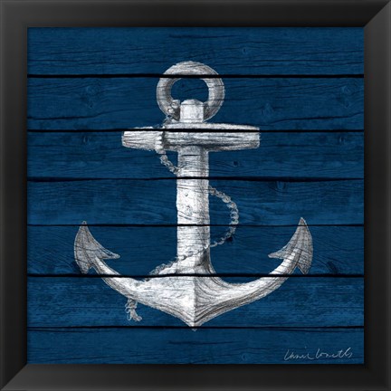 Framed Anchor on Blue Wood Print