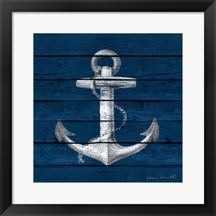 Framed Anchor on Blue Wood Print