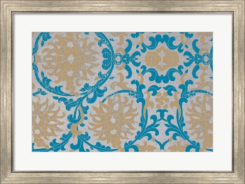 Framed Tan &amp; Blue Floral Pattern II Print