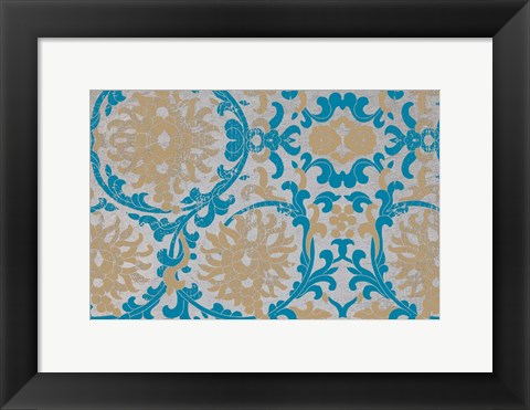 Framed Tan &amp; Blue Floral Pattern II Print