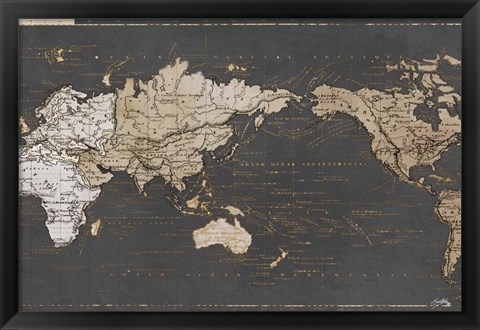 Framed World Map in Gold and Gray Print